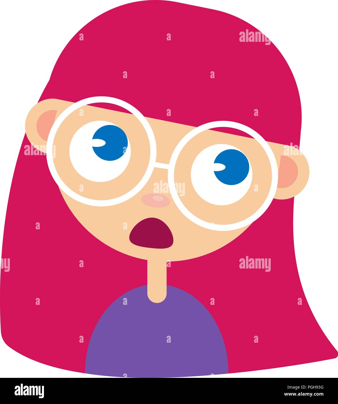 Teen girl face, surprised facial expression, cartoon vector illustrations isolated on white background. Red-haired girl emoji surprised, shocked, amazed, astonished. Stock Vector