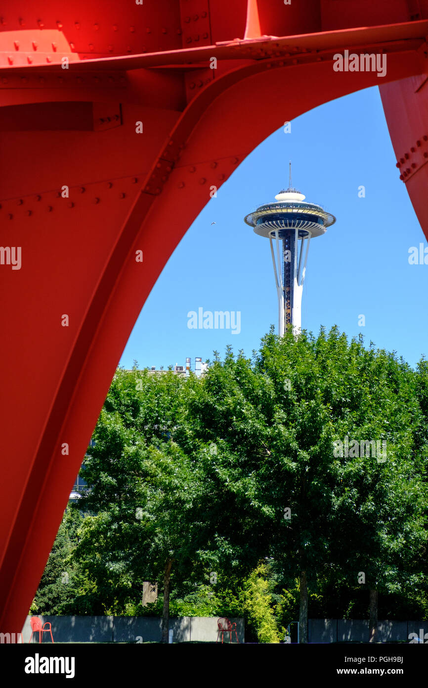 Space Needle, Seattle Center, seen through sculpture in Olympic Sculpture park, Seattle, USA Stock Photo