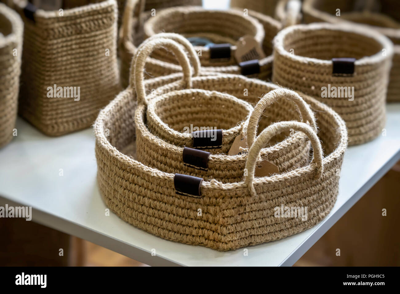 Set of wicker baskets of handmade different sizes, an organic ecofriendly decoration for the