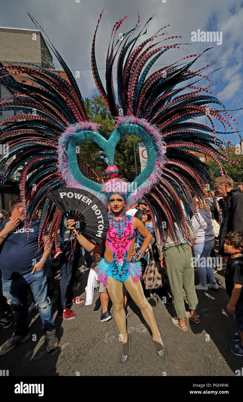 Manchester Pride Parade outfit with peacock feathers, Canal St, North West England, UK Stock Photo