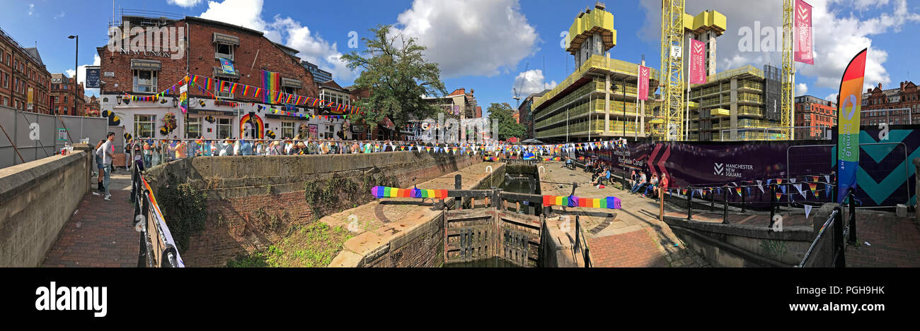Canal Street Panorama, Manchester Pride 2018 showing new apartment construction, North West England, UK Stock Photo