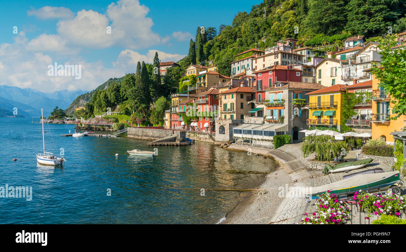 Beautiful Varenna waterfront on a sunny summer afternoon, Lake Como, Lombardy, Italy Stock Photo