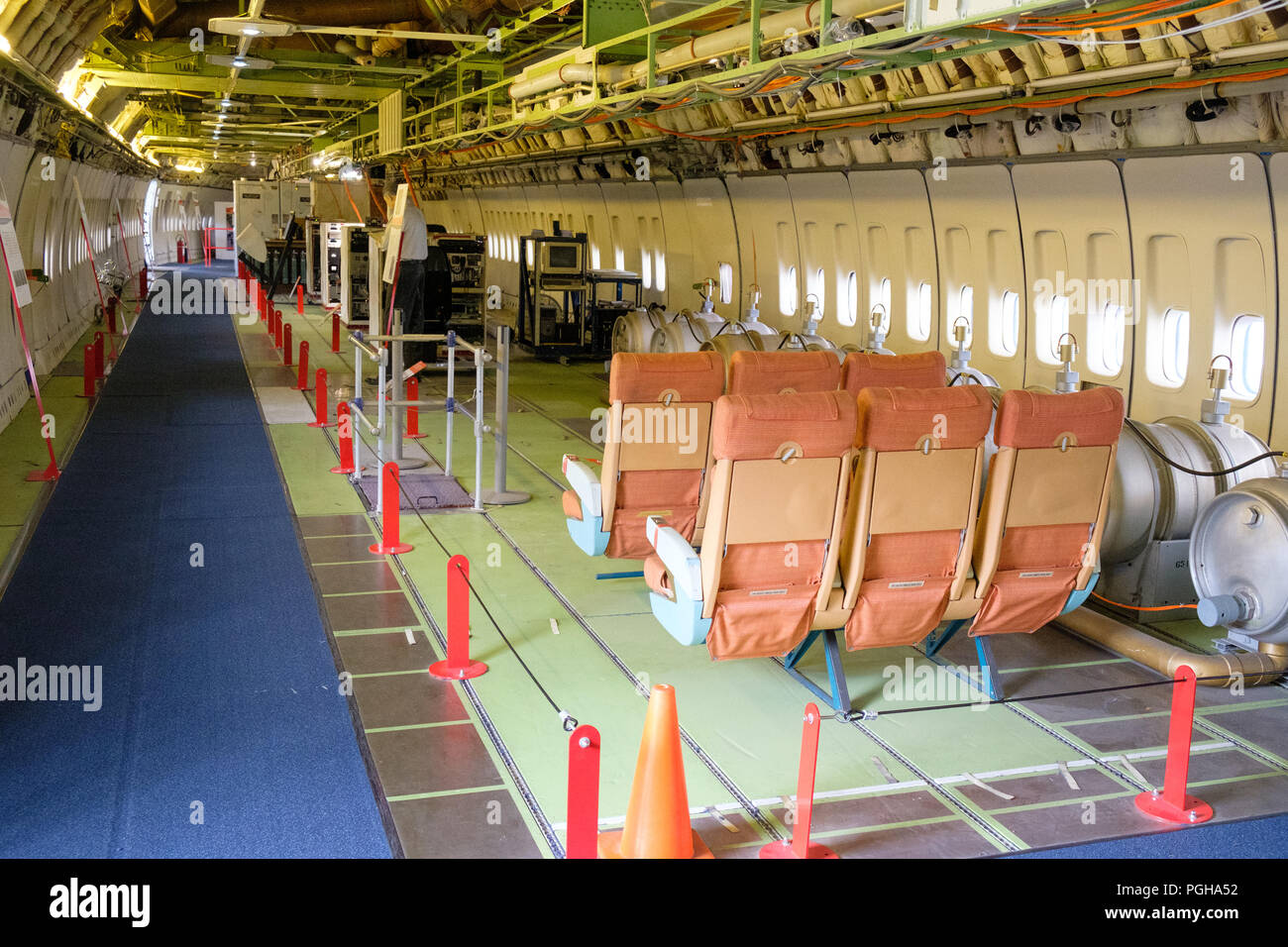 Interior of Boeing 747 (N7 470) Prototype 'City of Everett' (the first jumbo jet) in Aviation Pavilion of Museum of Flight, Seattle, USA Stock Photo