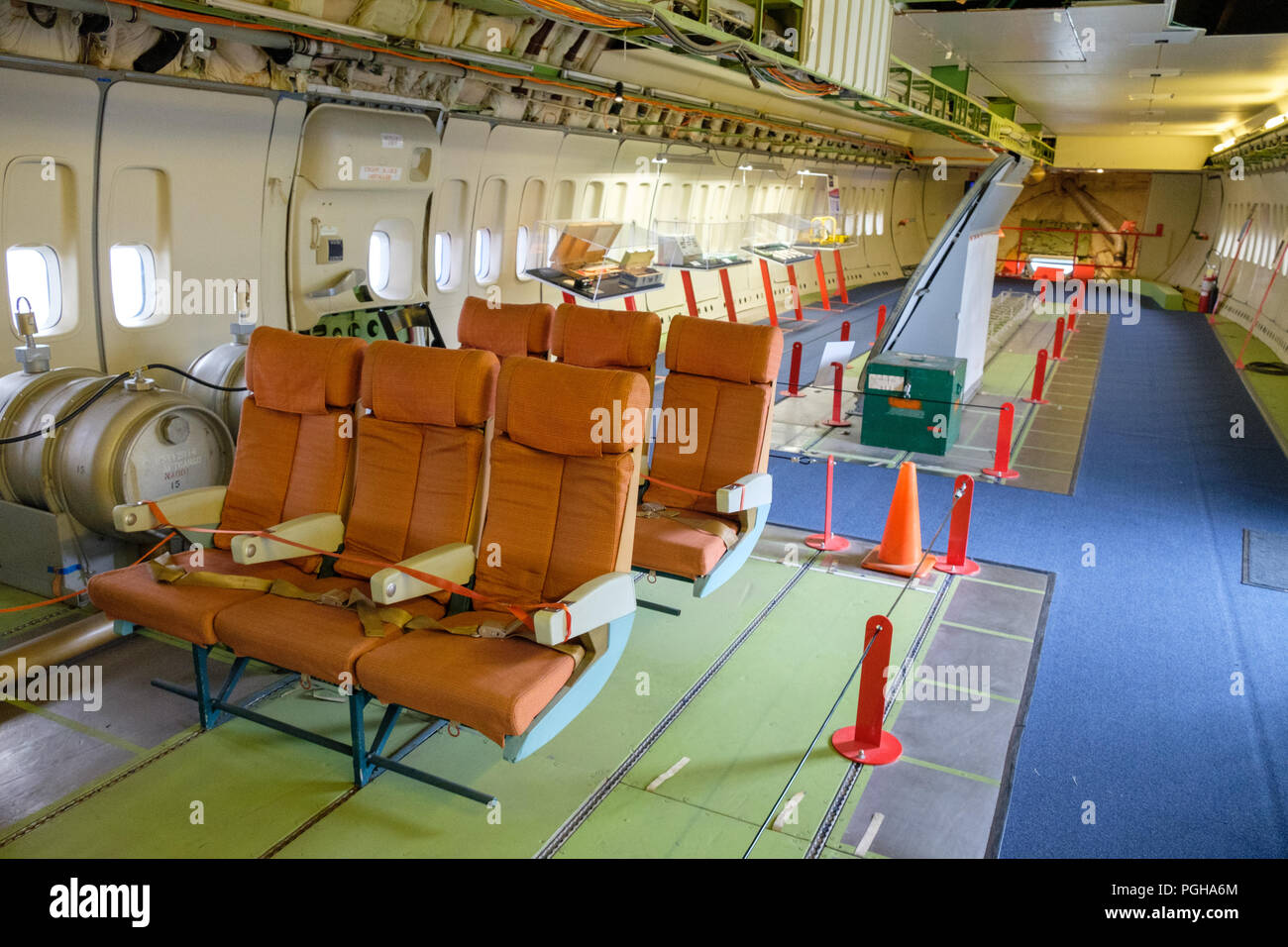 Interior of Boeing 747 (N7 470) Prototype 'City of Everett' (the first jumbo jet) in Aviation Pavilion of Museum of Flight, Seattle, USA Stock Photo