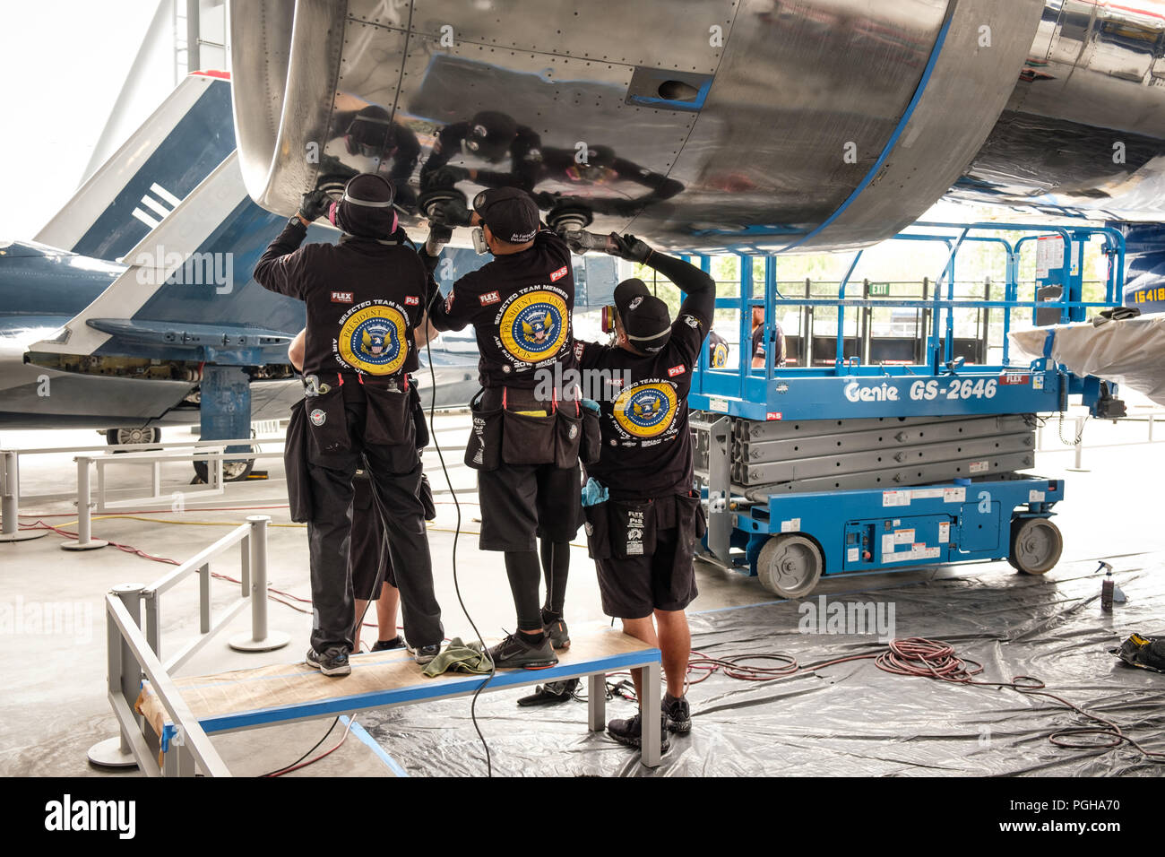 Air Force One Detailing Team working in Aviation Pavilion of Museum of Flight, Seattle, USA Stock Photo
