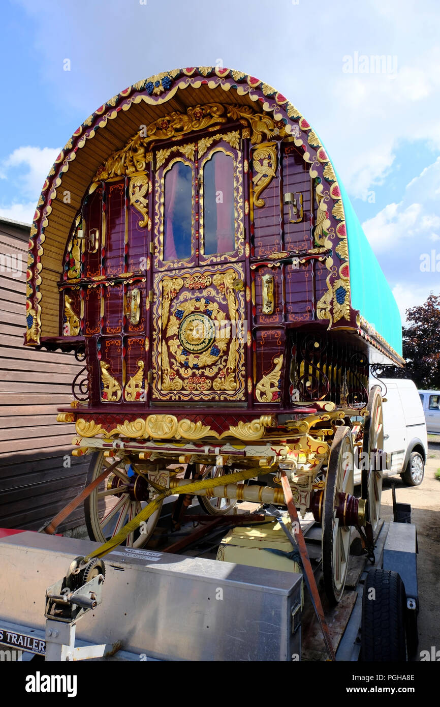 Heavily decorated restored Gypsy caravan. Originally built by Thomas Tong of Kearsley in late19th century Stock Photo