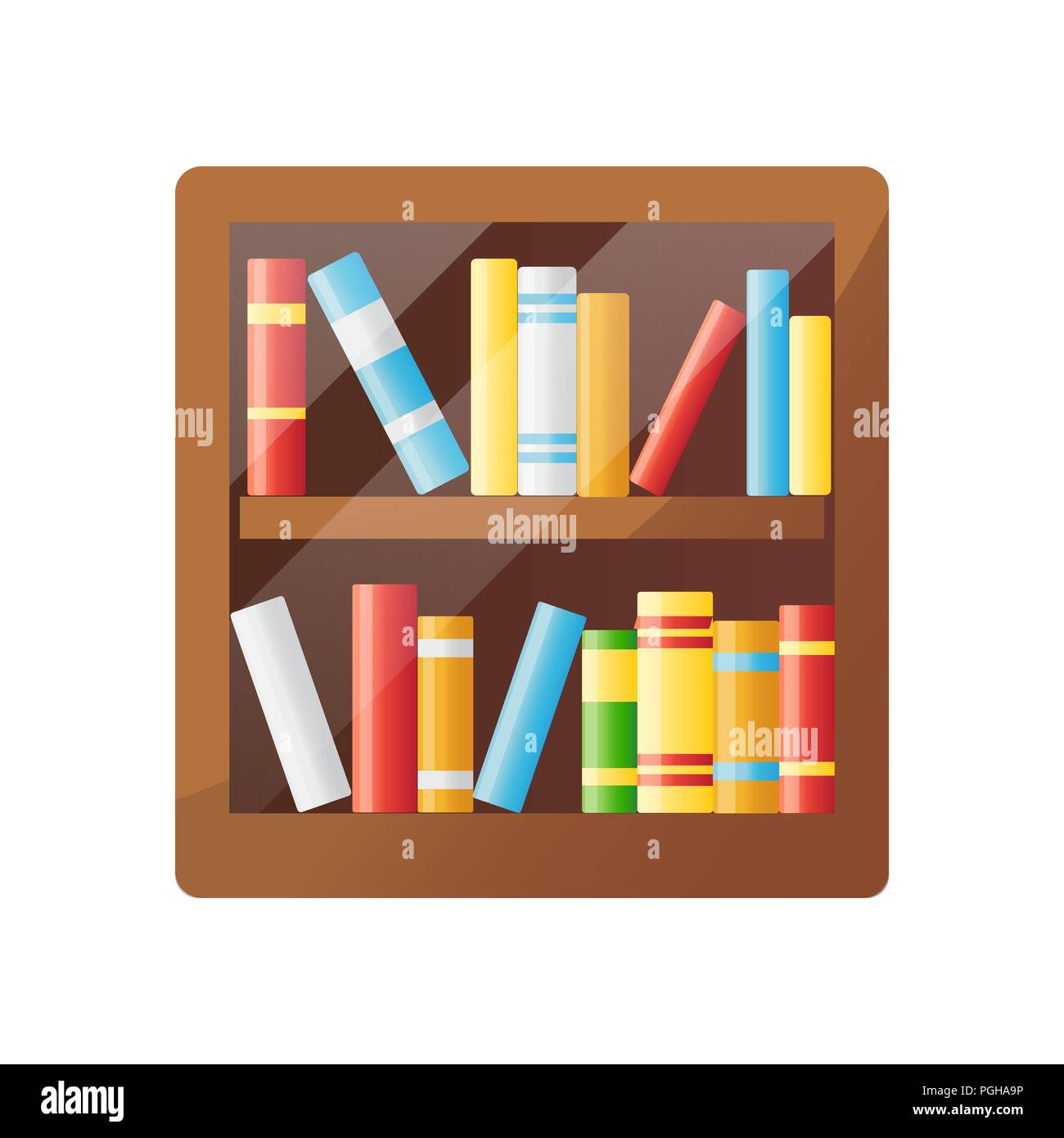 Colorful books on wooden shelf. Bookshelf icon. Stock Vector