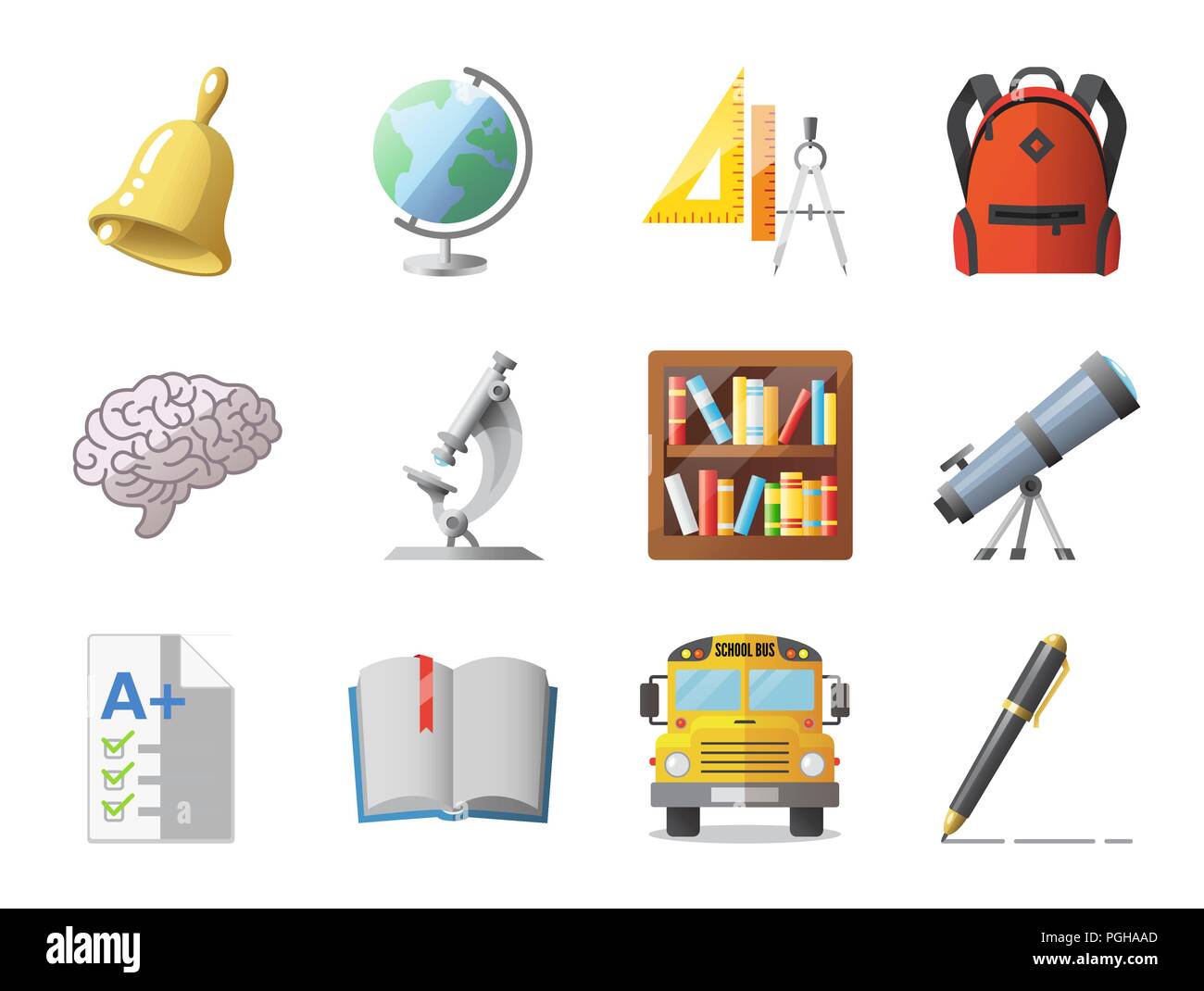 Set of school icons, shool supplies and transport Stock Vector