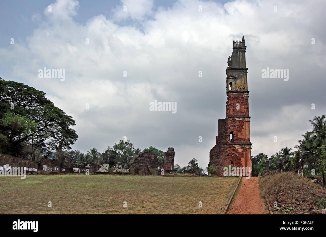 Ruins of tower of Church of St Augustine and part of monastery complex in Old Goa, India. Complex built in 1602 by Augustinian friars. Stock Photo
