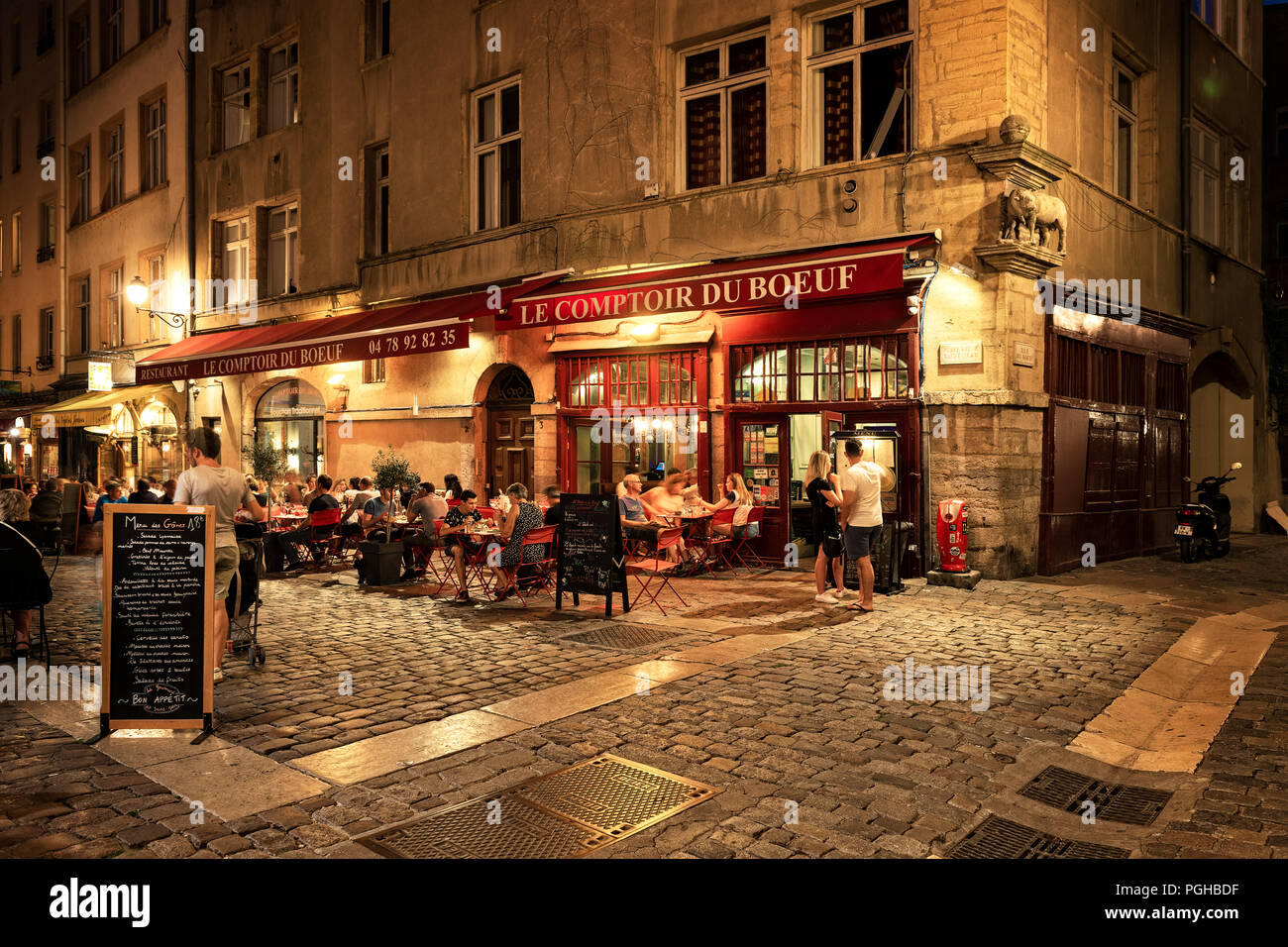 LYON, FRANCE - August 21, 2018: Colorful saint Jean district in old Lyon,  the famous and typical old town of the city of Lyon by night. People on the  Stock Photo - Alamy
