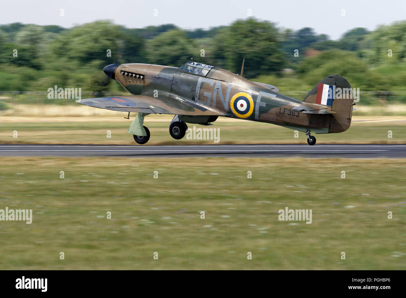 Hawker Hurricane LF363 of the Royal Air Force Battle of Britain Memorial Flight (BBMF) takes off from RAF Fairford at the RIAT Stock Photo