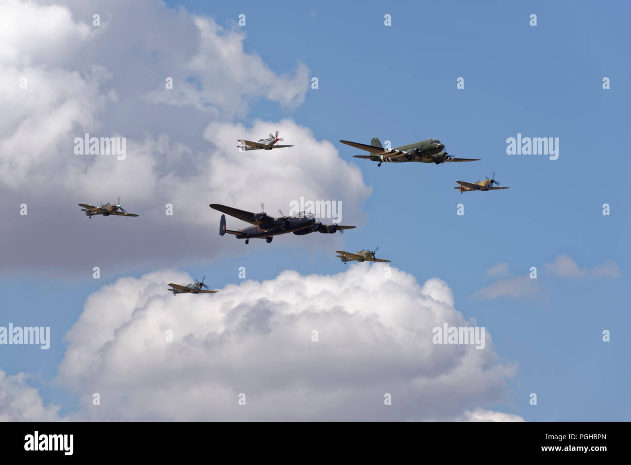 The Royal Air Force Battle of Britain Memorial Flight in Trenchard Formation stage a fly-past at the Royal International Air Tattoo Stock Photo