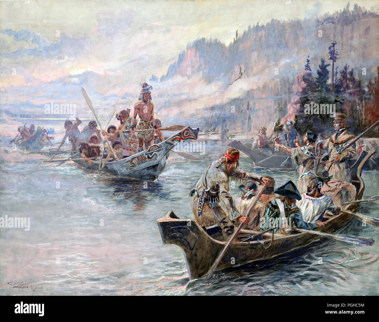 Lewis and Clark Expedition titled Lewis and Clark on the Lower Columbia by Charles Marion Russell depicting Sacagawea with arms outstretched Stock Photo