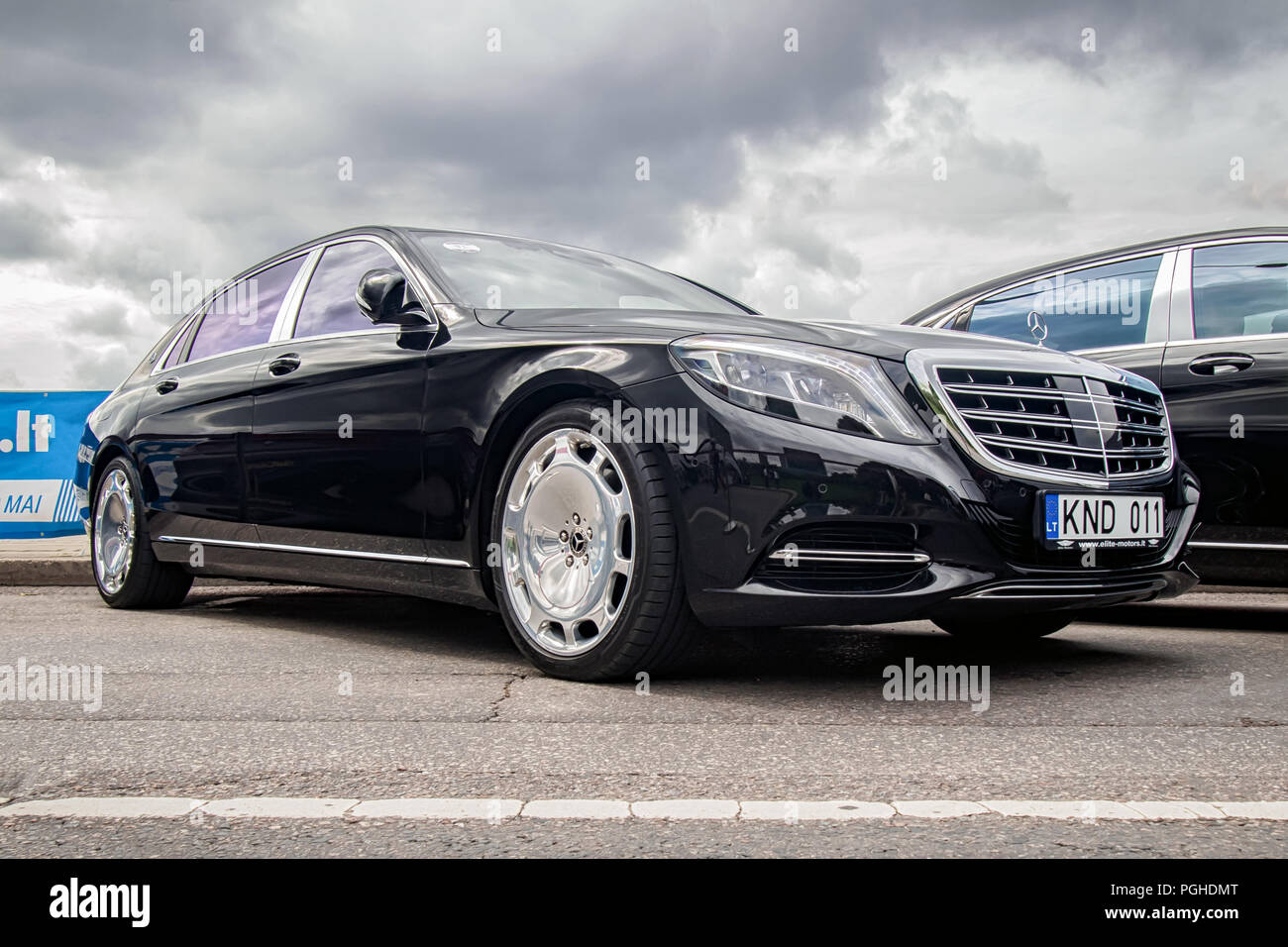 VILNIUS, LITHUANIA-AUGUST 26, 2018: Black 2018 Mercedes-Benz S500 Maybach 4M X222 at the city streets. Stock Photo