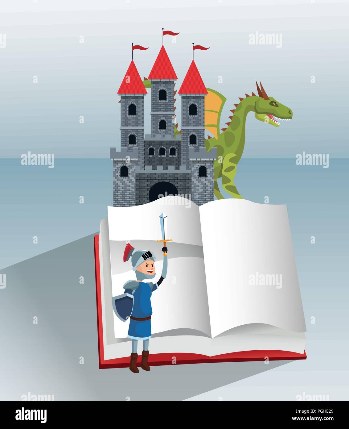 Warrior and dragon on castle with book open vector illustration graphic ...