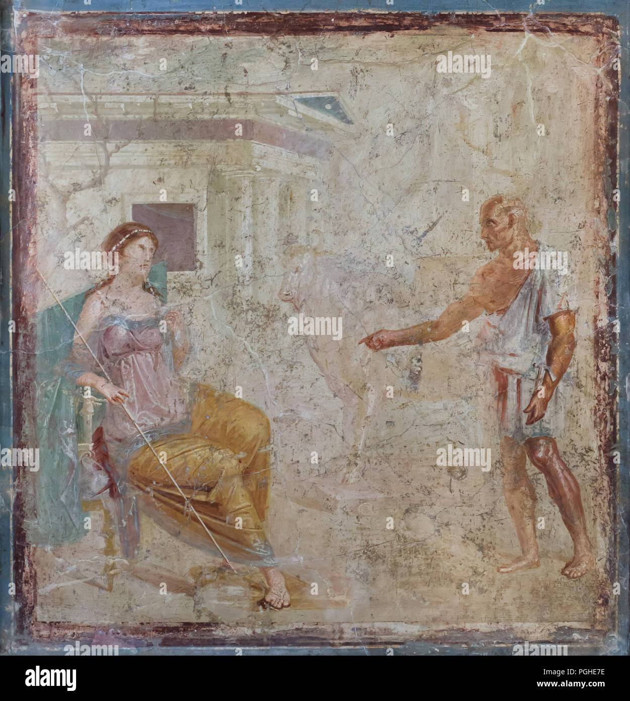 Daedalus presents the wooden cow to Pasiphaë. Roman fresco from the House of the Ancient Hunt (Casa della Caccia Antica) in Pompeii (1-79 AD), now on display in the National Archaeological Museum (Museo Archeologico Nazionale di Napoli) in Naples, Campania, Italy. The queen will be able to place herself inside it so that she can made with splendid bull that she has fallen in love with. Together they will produce the Minotaur. Stock Photo