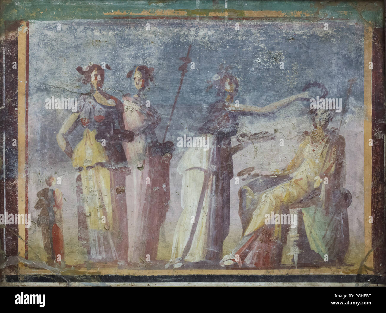 Apollo with nymphs depicted in the Roman fresco dated from the 1st century BC on display in the National Archaeological Museum (Museo Archeologico Nazionale di Napoli) in Naples, Campania, Italy. Stock Photo
