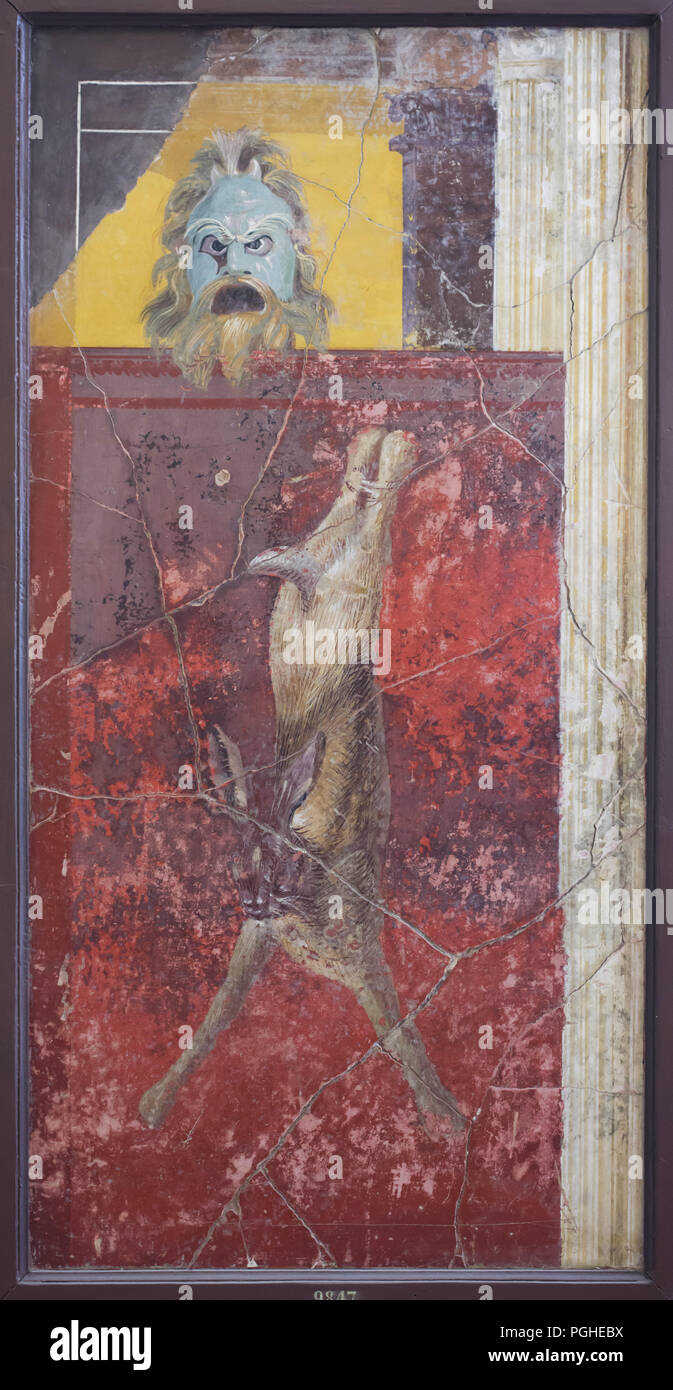 Hare depicted in the Roman fresco from Pompeii dated from the 1st century BC, now on display in the National Archaeological Museum (Museo Archeologico Nazionale di Napoli) in Naples, Campania, Italy. Stock Photo