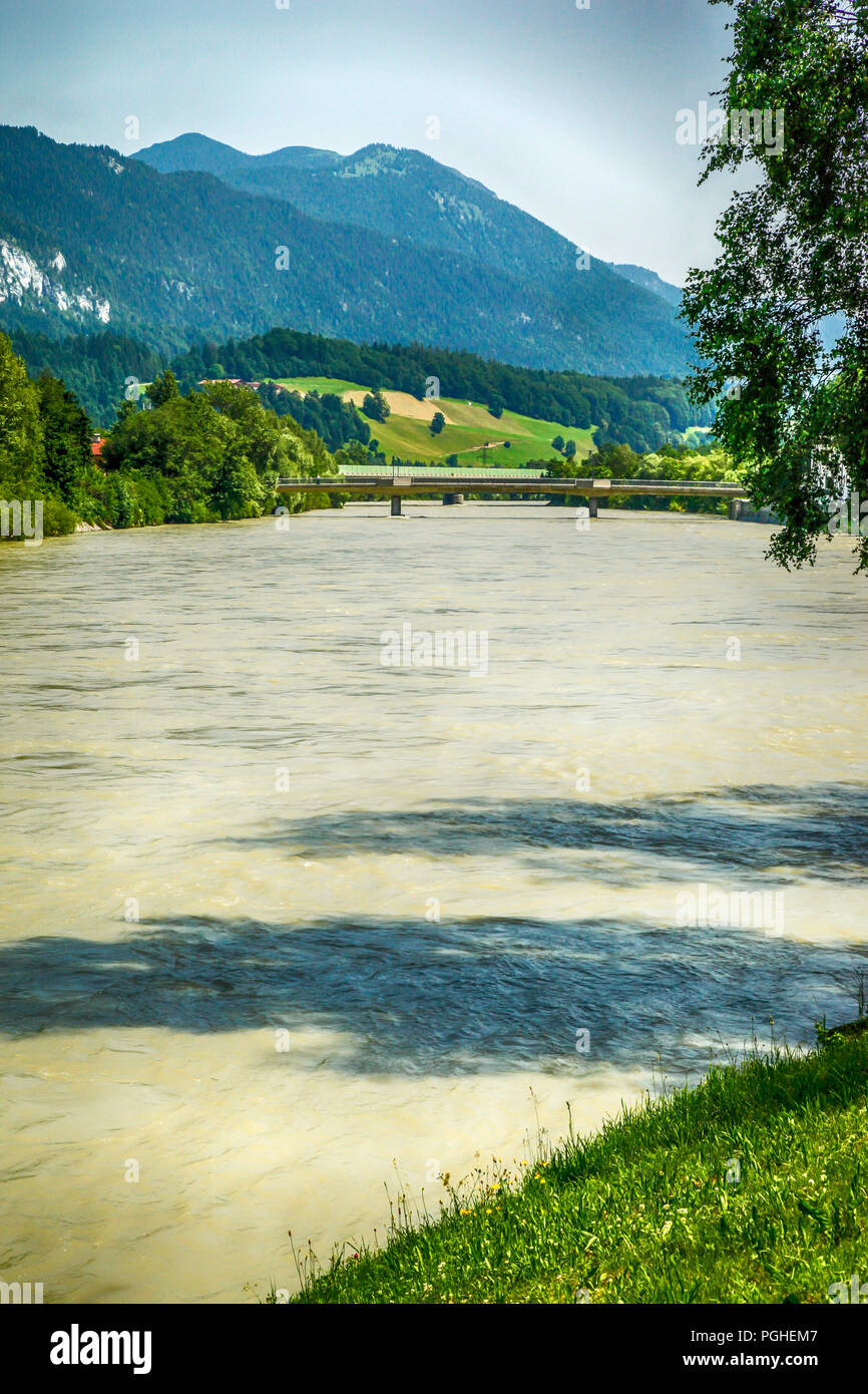 Alpine vistas with View of The 'Inn River' near Rattenburg.Austria Stock Photo
