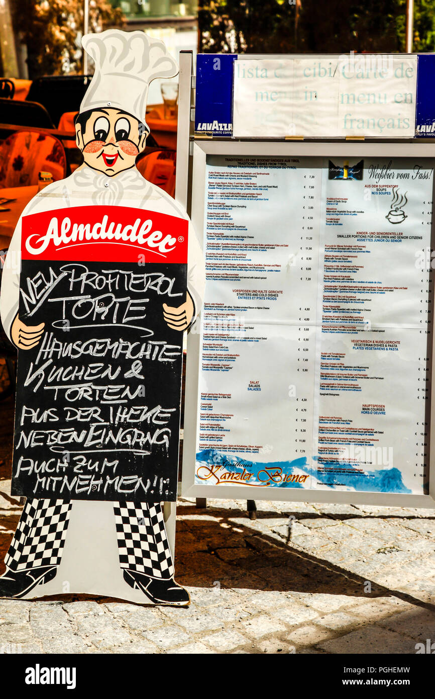 On the menu today at Almdudler and Gasthaus Kanzler Biener on Sudtirolstrasse in Rattenburg, Austria Stock Photo