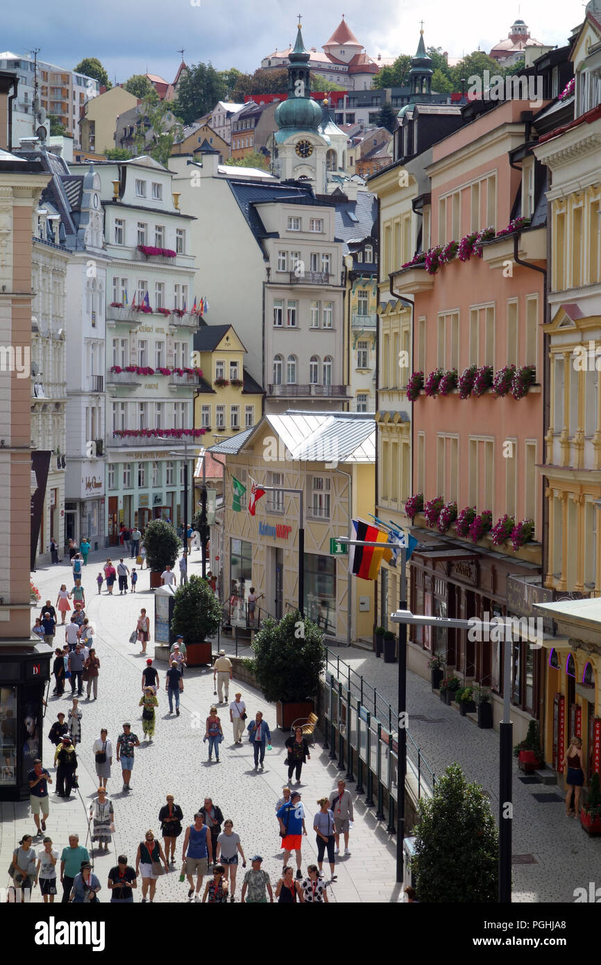 Street scene of promenade in spa town of Karlovy Vary (Karlsbad) in West Bohemia in Czech Republic Stock Photo
