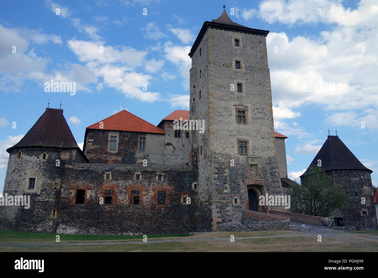 Gothic towers of Svihov castle in Plzen region of West Bohemia in Czech Republic Stock Photo