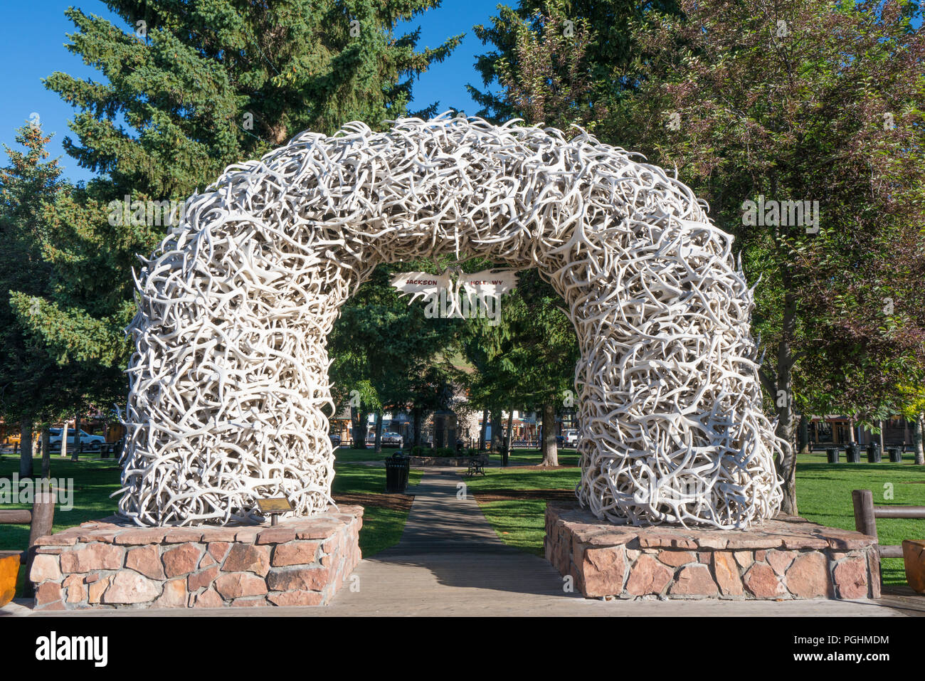 Elk Antler Arch in Jackson Wyoming town park Stock Photo