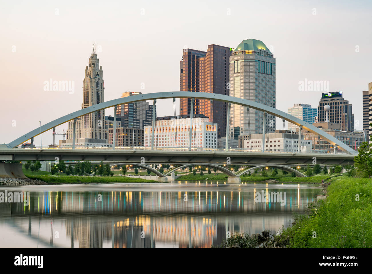 COLUMBUS, OH - JUNE 17, 2018: Columbus, Ohio City Skyline and the Main Street Bridge along the Scioto River Stock Photo
