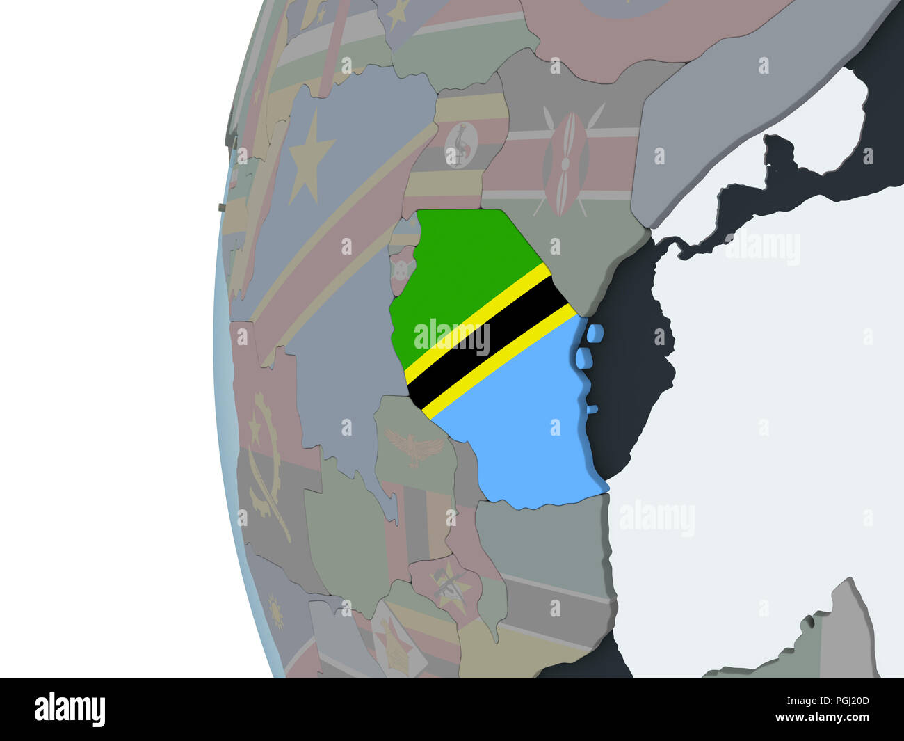 Tanzania on political globe with embedded flag. 3D illustration Stock ...
