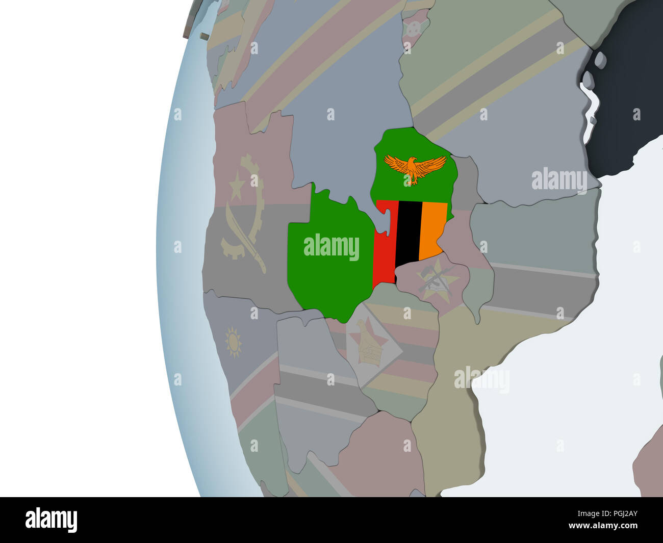 Zambia on political globe with embedded flag. 3D illustration Stock ...