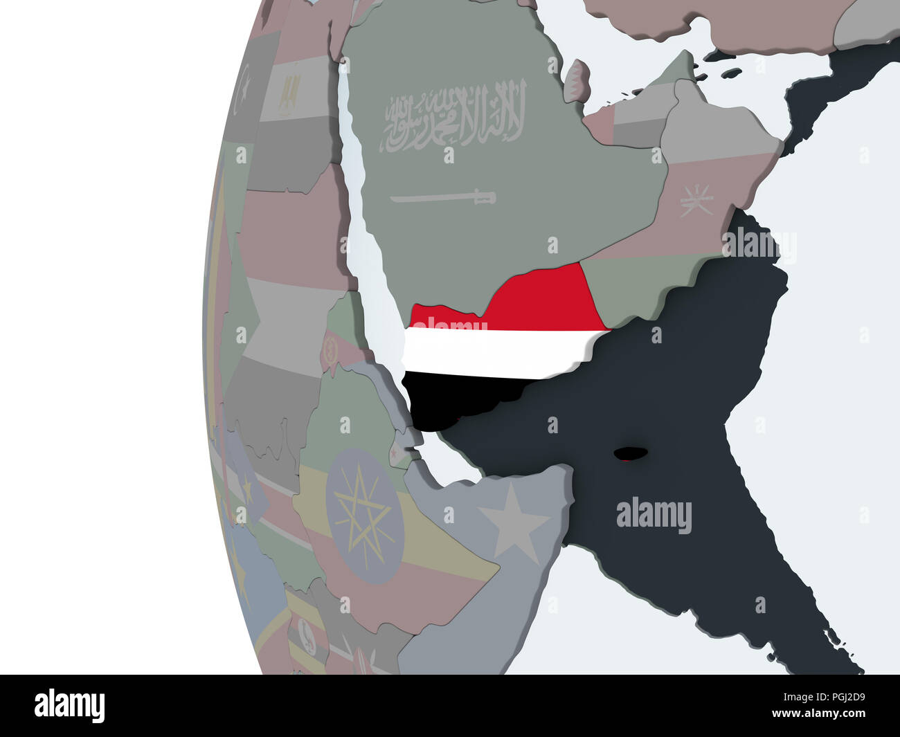 Yemen on political globe with embedded flag. 3D illustration Stock ...