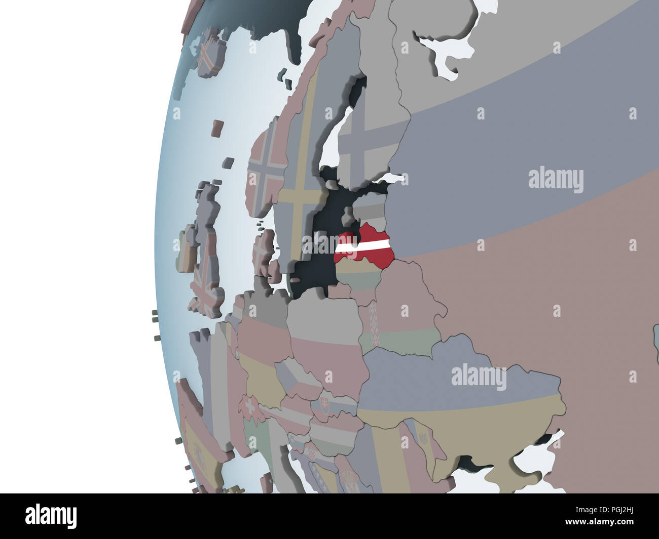 Latvia on political globe with embedded flag. 3D illustration Stock ...