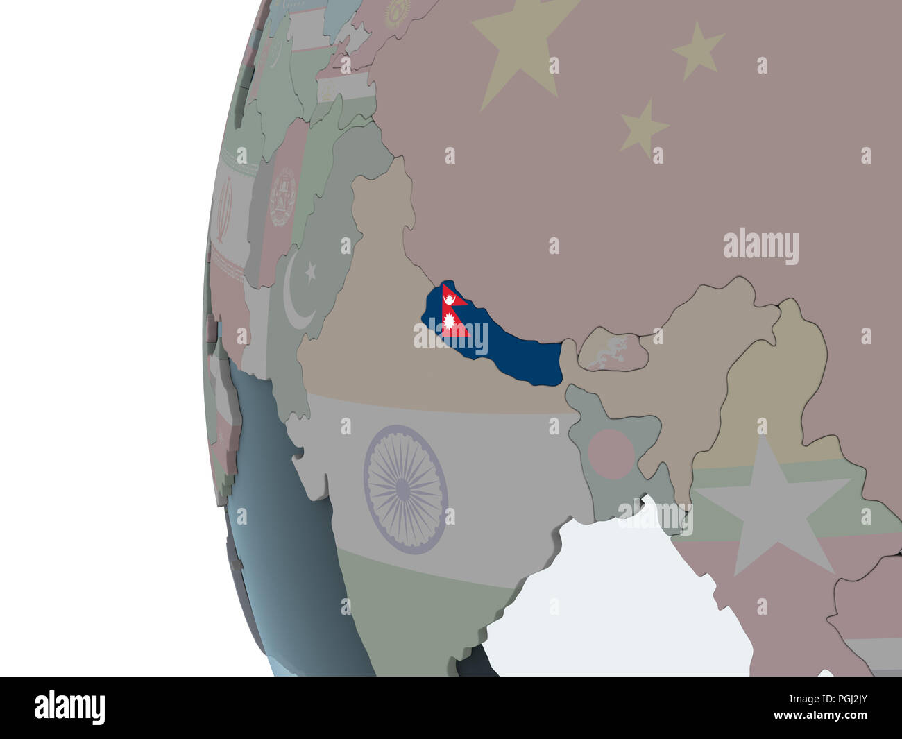 Nepal on political globe with embedded flag. 3D illustration Stock ...