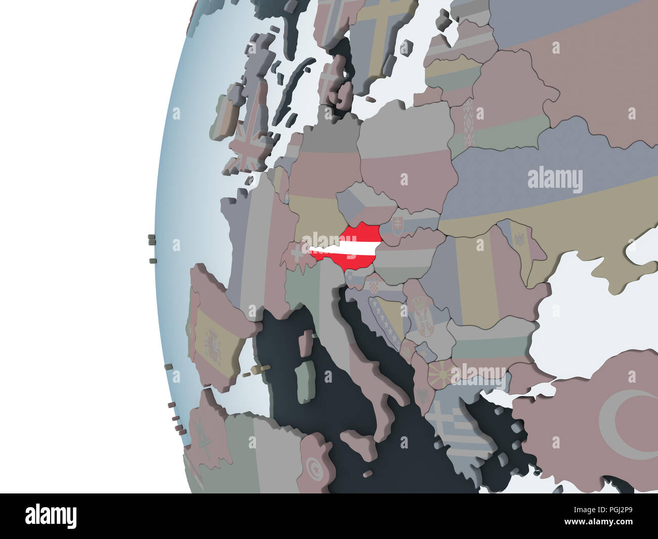 Austria on political globe with embedded flag. 3D illustration Stock ...