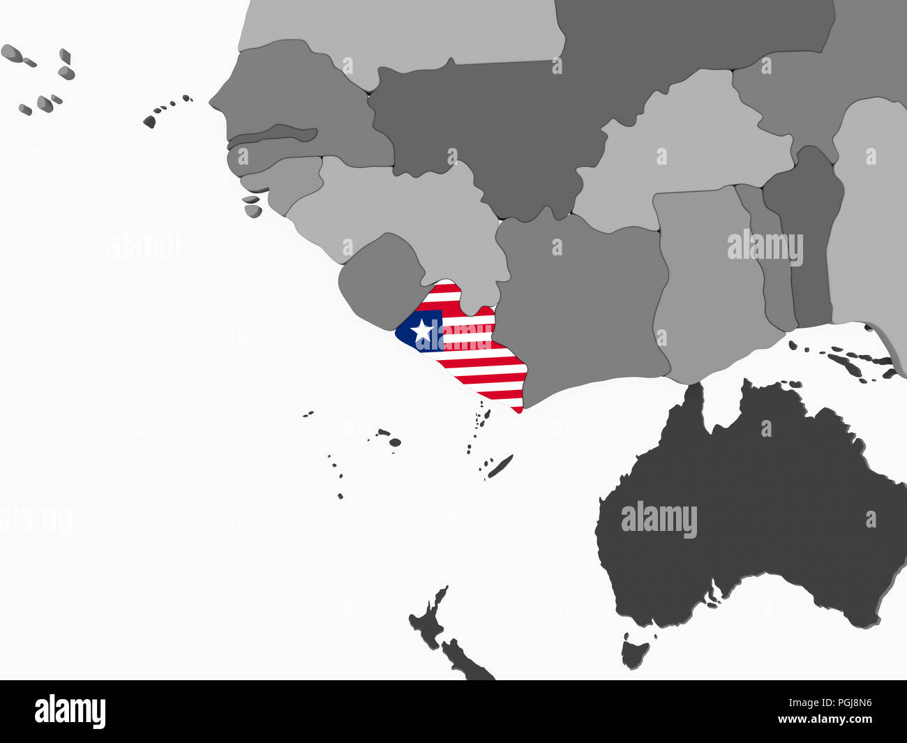 Liberia on gray political globe with embedded flag. 3D illustration ...