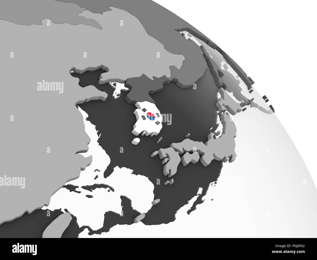 South Korea on gray political globe with embedded flag. 3D illustration ...