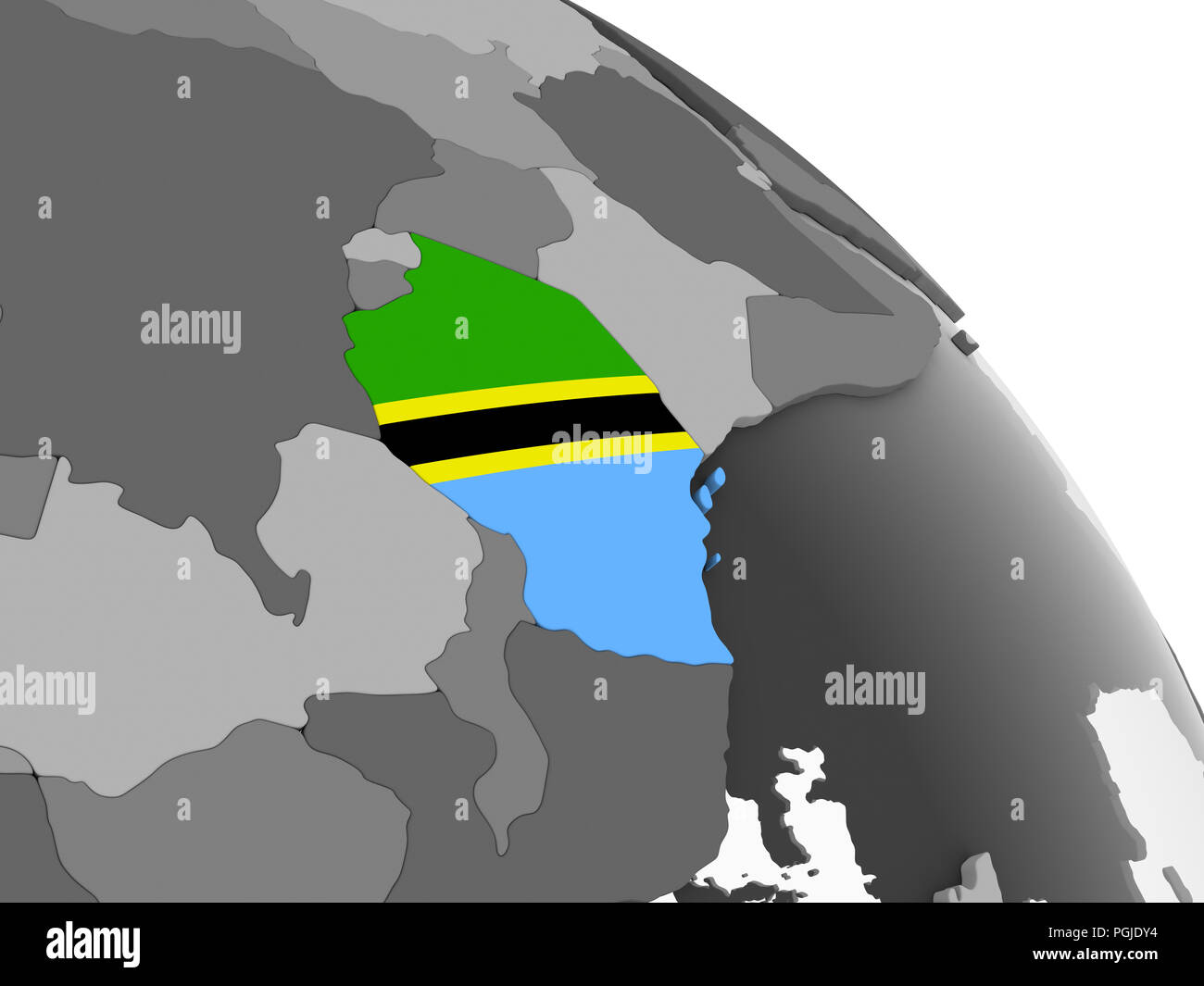 Tanzania on gray political globe with embedded flag. 3D illustration ...