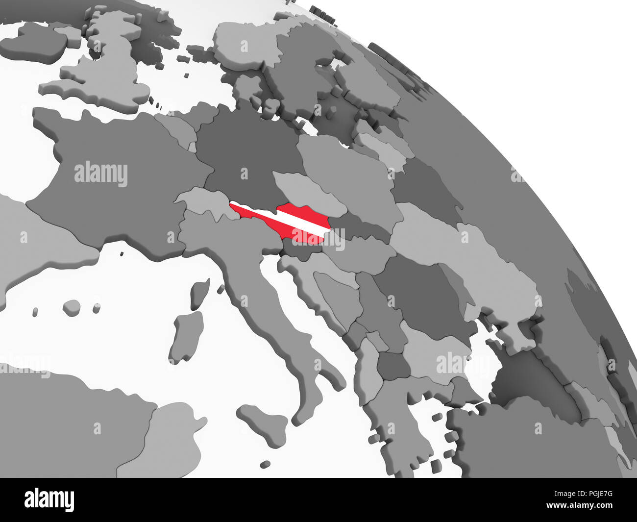 Austria on gray political globe with embedded flag. 3D illustration ...