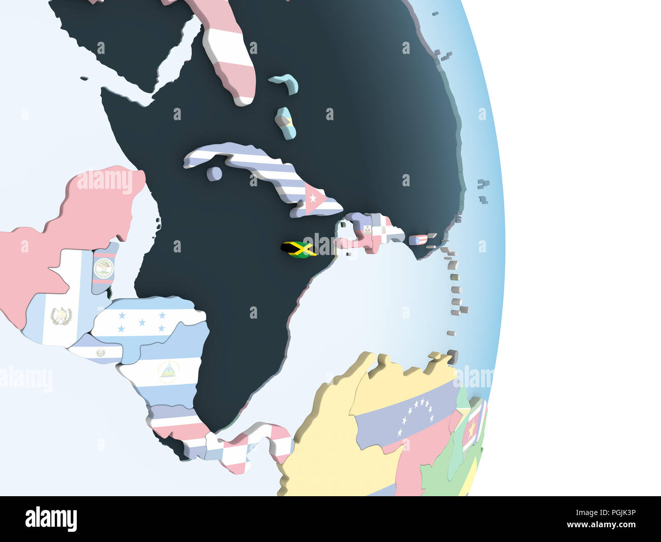 Jamaica on bright political globe with embedded flag. 3D illustration ...