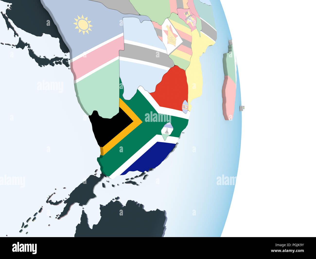 South Africa on bright political globe with embedded flag. 3D ...