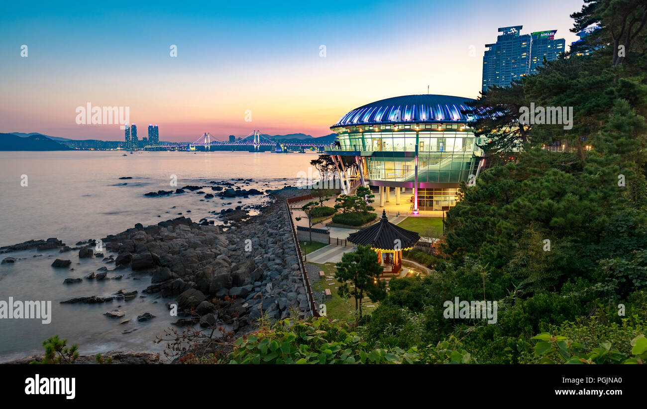 Busan, South Korea - Aug 20, 2018 : Night view at Nurimaru APEC house in Dongbaekseom Island, Haeundae district, South Korea, horizontal Stock Photo