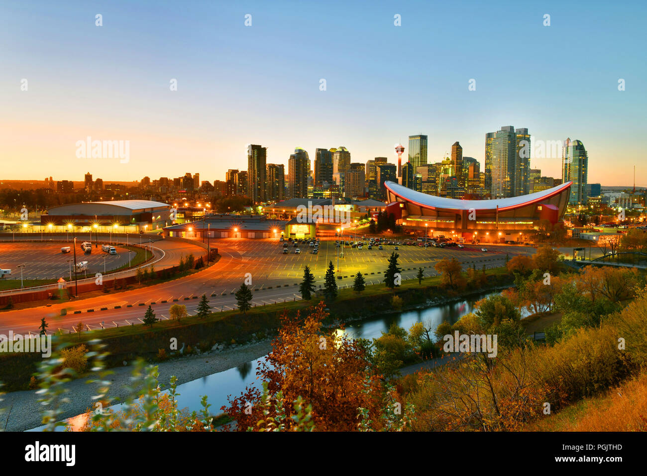 Calgary city skyline at twilight time, Alberta,Canada Stock Photo