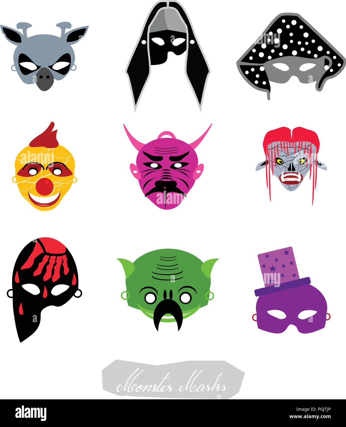 Holidays And Celebrations, Illustration Set of Clowns, Aliens and Evils Masks For Halloween Celebration Party. Stock Vector