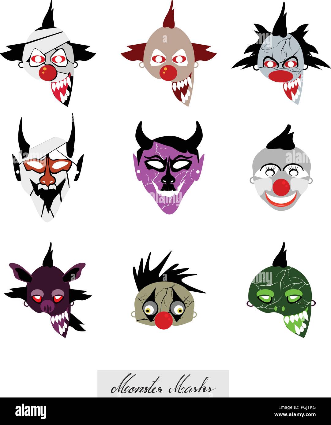 Holidays And Celebrations, Illustration Set of Devils, Monsters and Clowns Masks For Halloween Celebration Party. Stock Vector