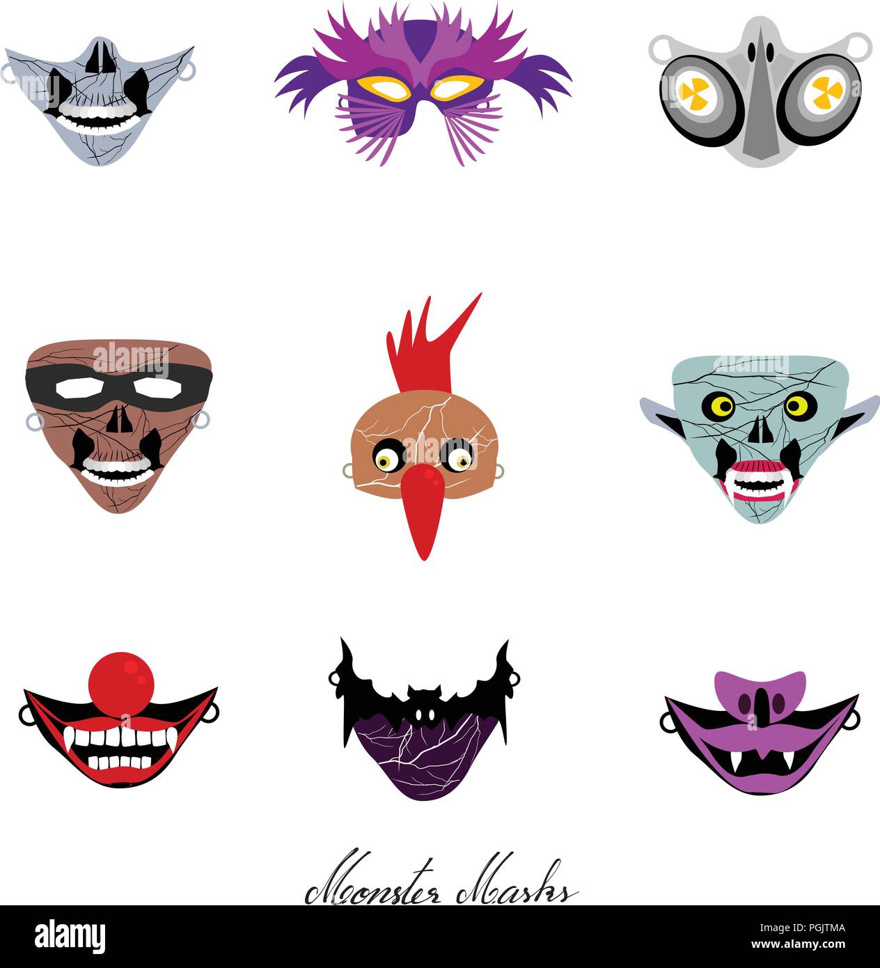 Holidays And Celebrations, Illustration Set of Clowns, Aliens and Evils Masks For Halloween Celebration Party. Stock Vector