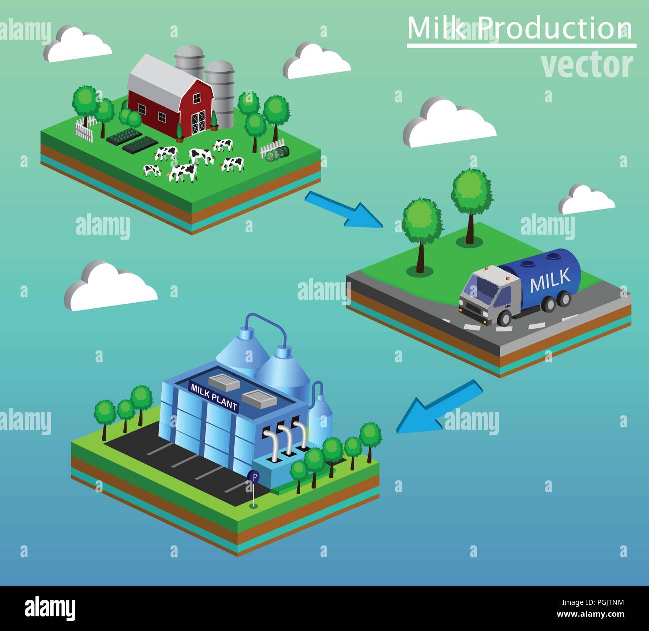 Dairy product delivery stages milk can processing Stock Vector Image