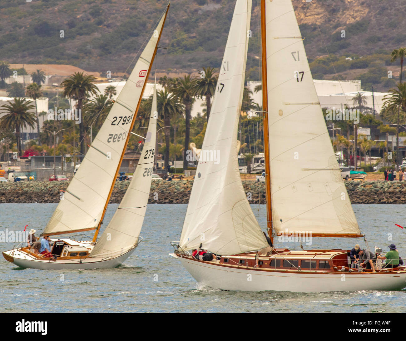 Two boats working their way upwind in a tacking duel Stock Photo