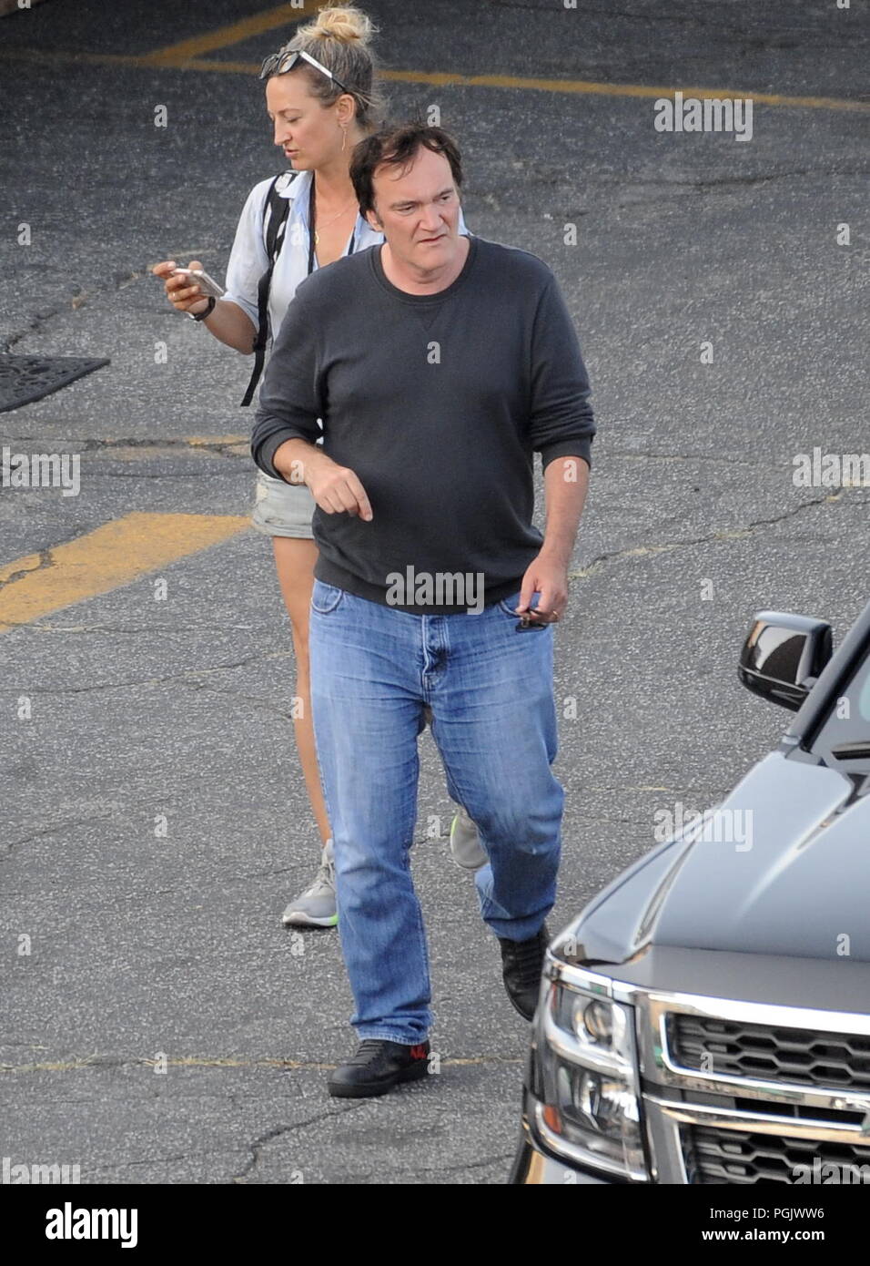 Director Quentin Tarantino spotted on the set of 'Once Upon A Time In Hollywood' with actor Al Pacino for a night scenes in downtown Los Angeles.  Featuring: Quentin Tarantino Where: Los Angeles, California, United States When: 26 Jul 2018 Credit: WENN Stock Photo