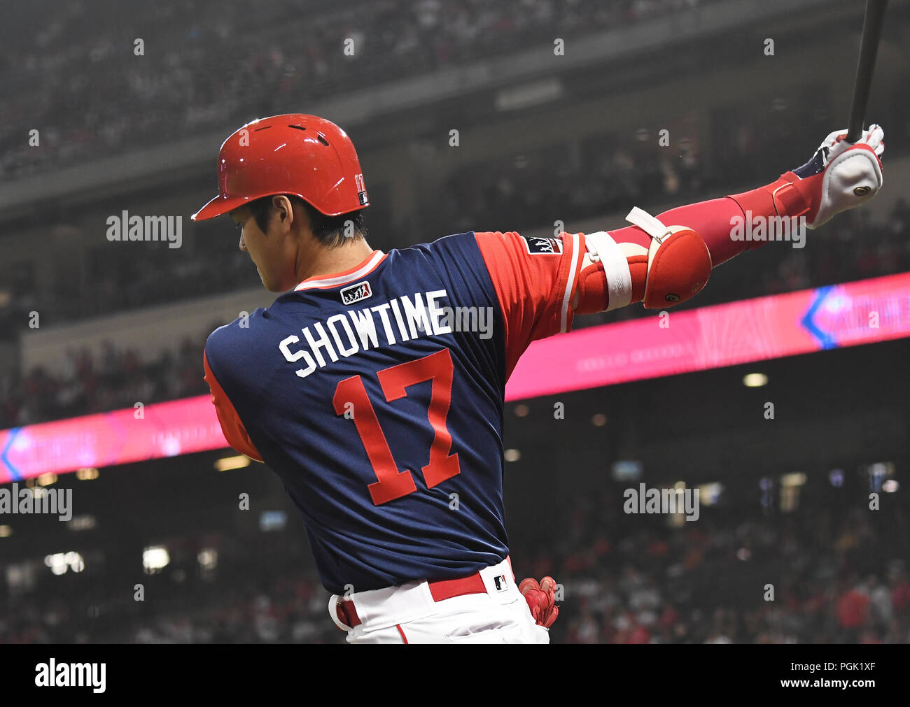 Los Angeles Angels designated hitter Shohei Ohtani wears a jersey with his  nickname SHOWTIME on the back as he hits a two-run home run off Houston  Astros starting pitcher Justin Verlander in