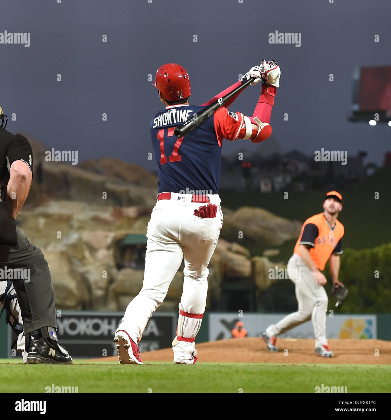 Los Angeles Angels designated hitter Shohei Ohtani wears a jersey with his  nickname SHOWTIME on the back as he hits a two-run home run off Houston  Astros starting pitcher Justin Verlander in